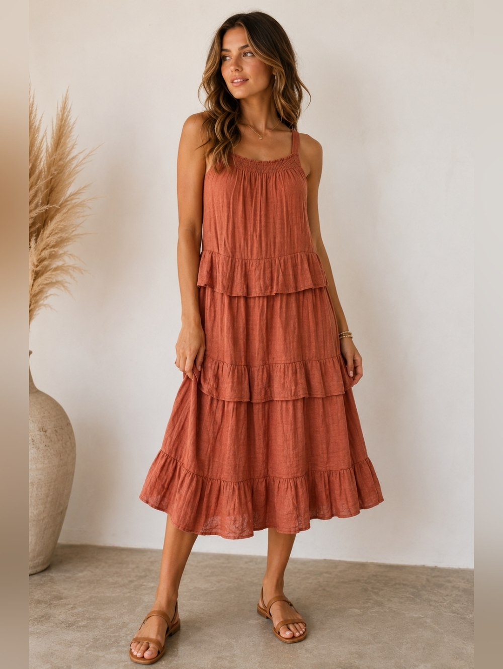 Smocked Tiered Midi Dress in Rust